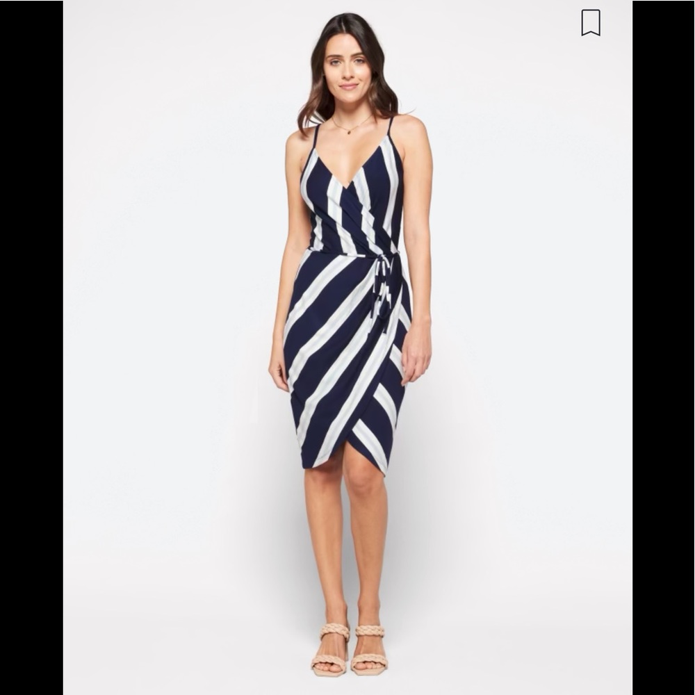 Market & Spruce Navy and White Striped Wrap Midi Dress